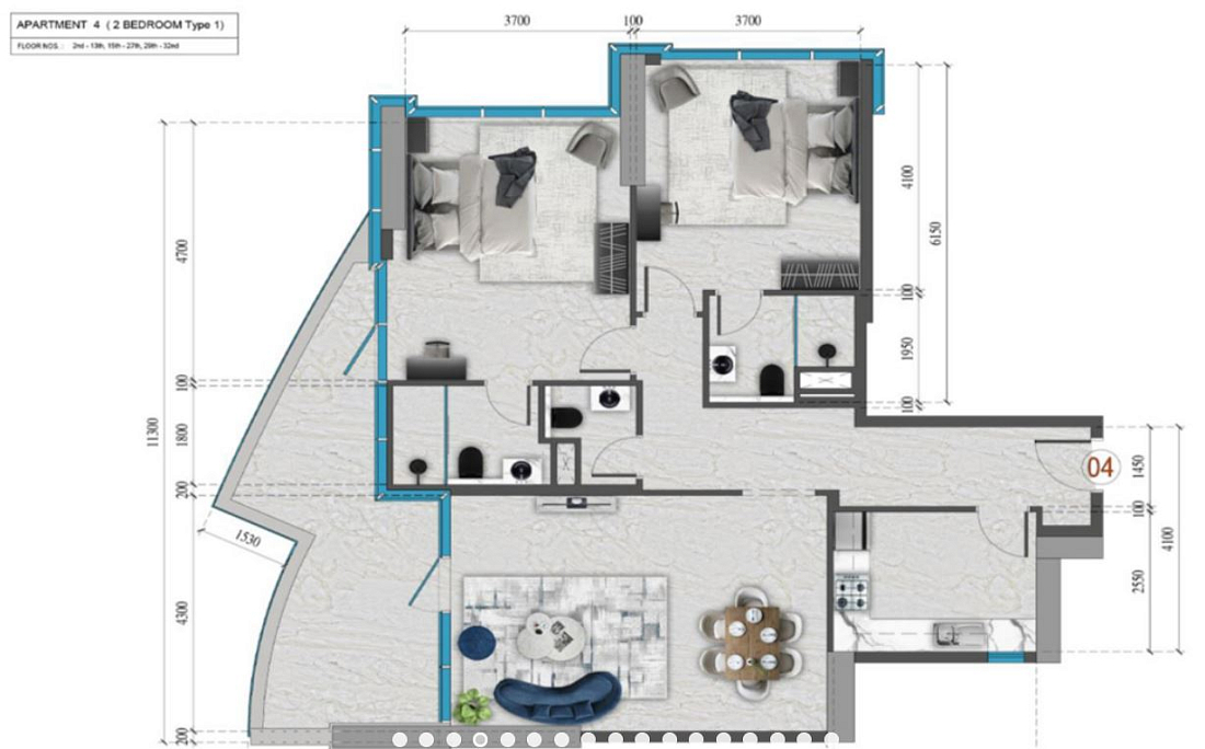 Layout picture 2-rooms flat 117.6 m2 in complex Renad Tower 