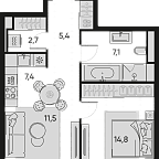 Layout picture Apartment with 1 bedroom 48.9 m2 in complex Pride