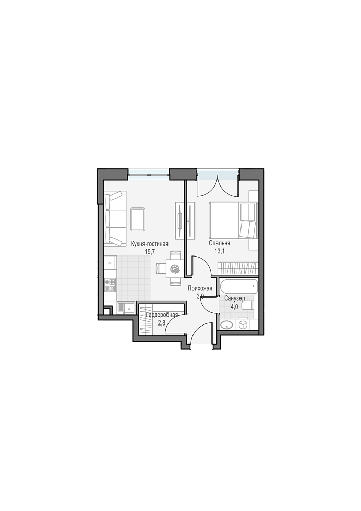 Layout picture Apartment with 1 bedrooms 44.29 m2 in complex Dom Dostizhenie