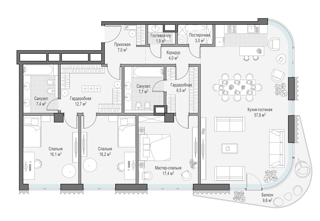 Layout picture Apartment with 3 bedrooms 160.4 m2 in complex Dom Lavrushinsky