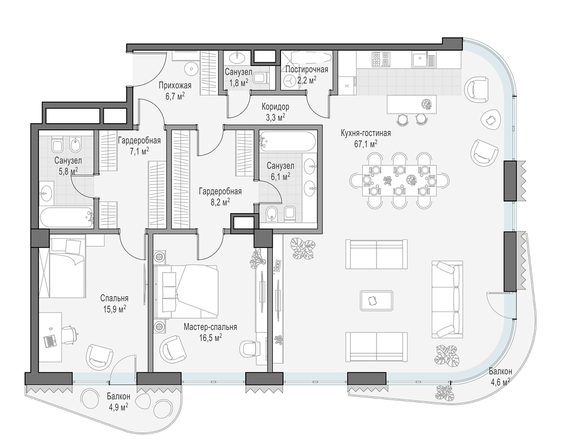 Layout picture Apartment with 3 bedrooms 142.1 m2 in complex Dom Lavrushinsky