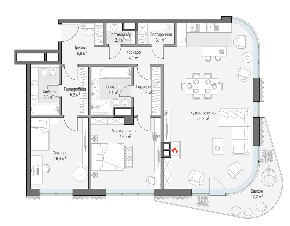 Layout picture Apartment with 2 bedrooms 135.4 m2 in complex Dom Lavrushinsky