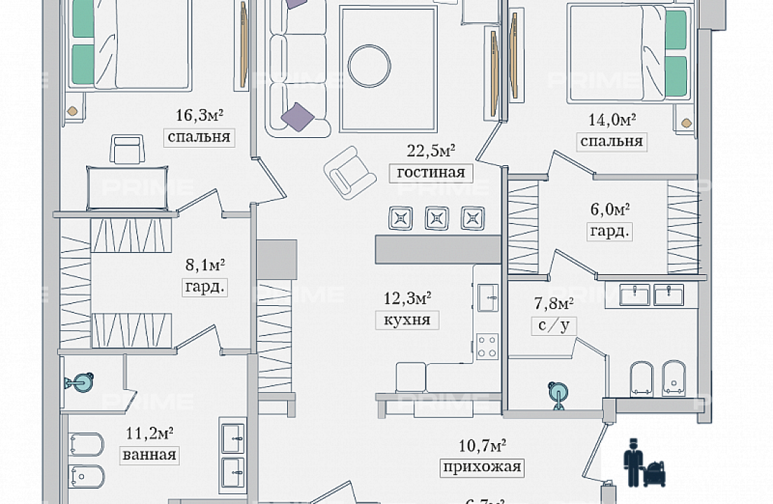 Apartments with 2 bedrooms 124.9 m2 in complex Zvezdy Arbata