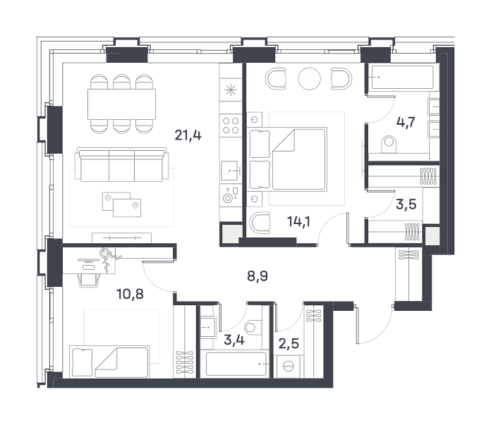 Layout picture 3-rooms from 62.8 m2
