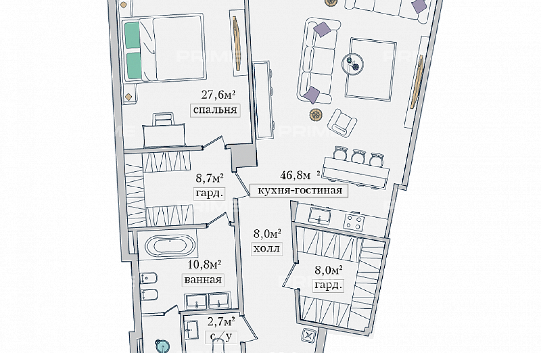 Apartments with 1 bedroom 124 m2 in complex Zvezdy Arbata
