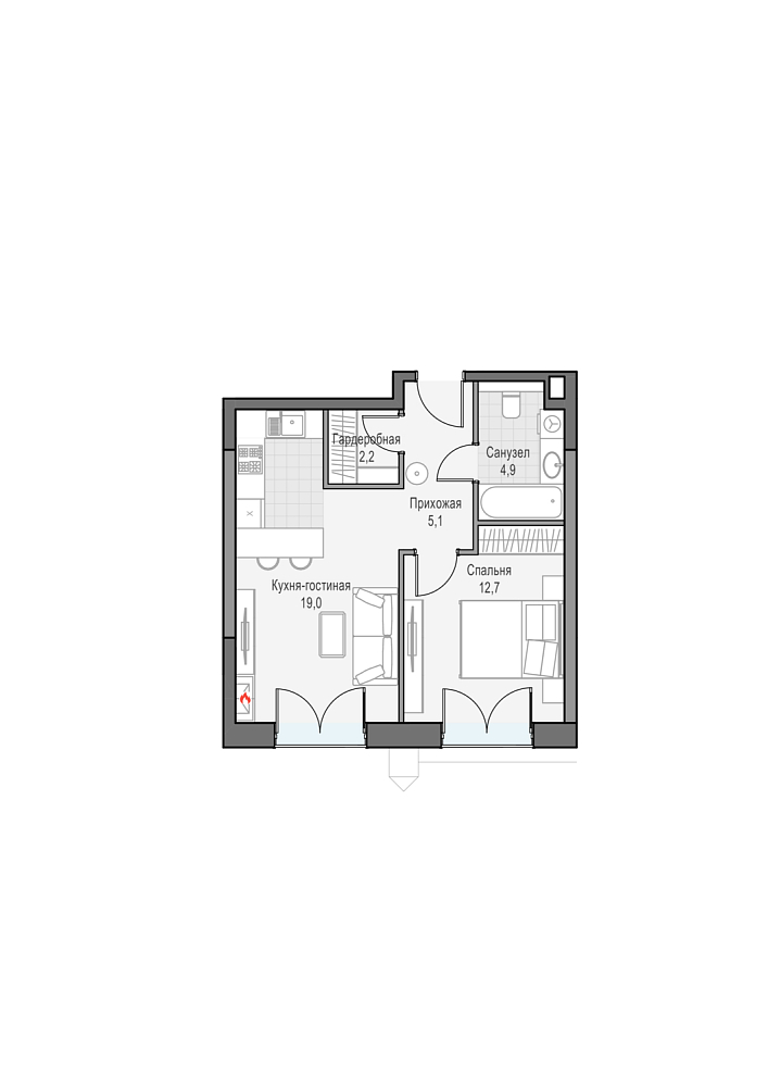 Layout picture Apartment with 1 bedrooms 44.85 m2 in complex Dom Dostizhenie