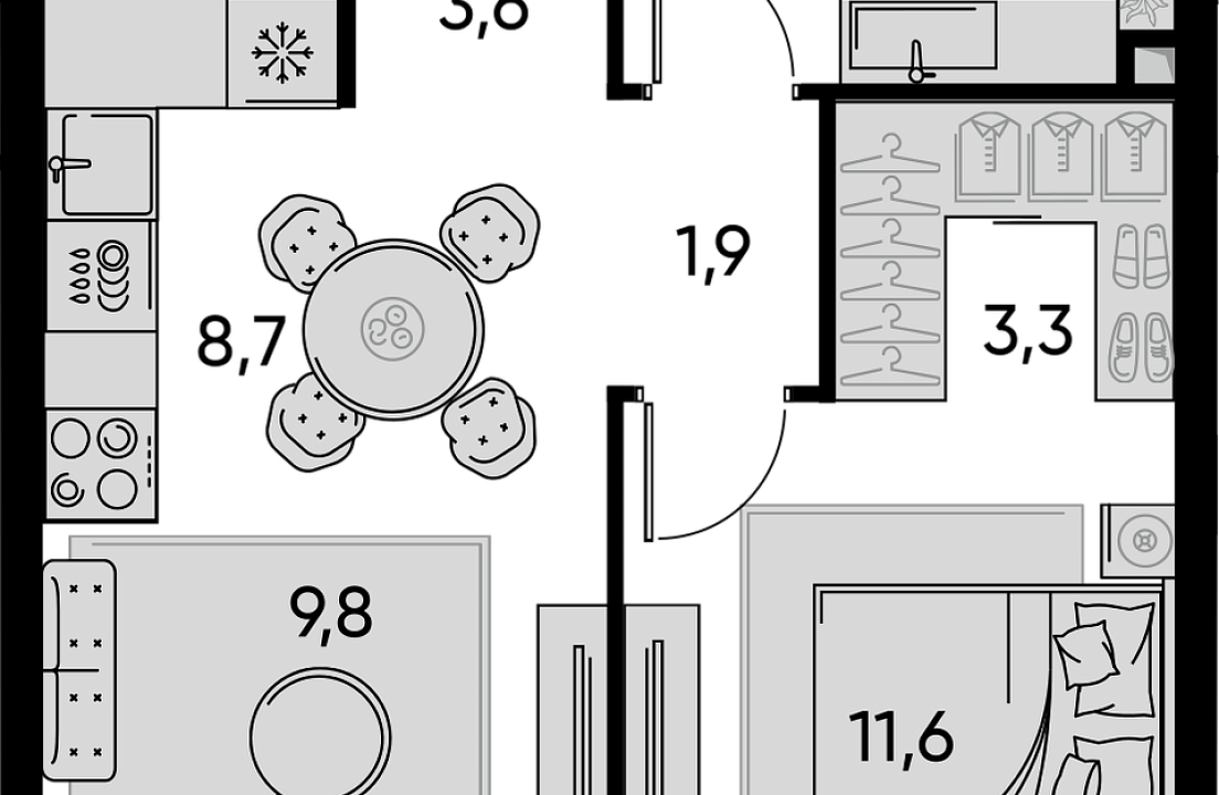 Apartment with 1 bedroom 52.5 m2 in complex Pride