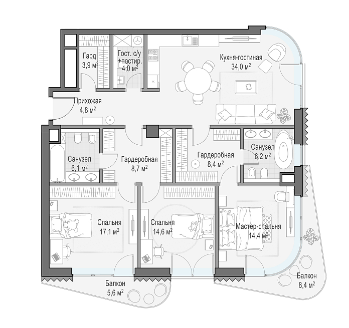 Layout picture 4-rooms from 124.8 m2 Photo 2