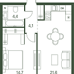 Layout picture Apartment with 1 bedroom 44.8 m2 in complex Moments