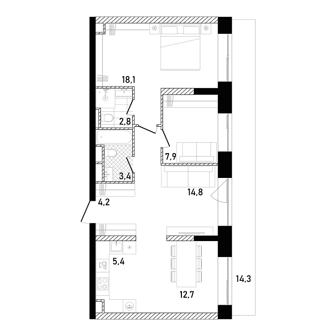 Layout picture 3-rooms from 46.58 m2 Photo 2