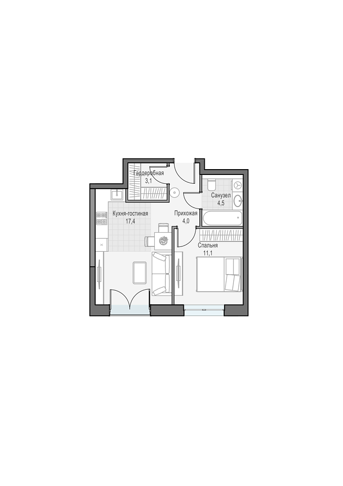 Layout picture Apartment with 1 bedrooms 41.51 m2 in complex Dom Dostizhenie