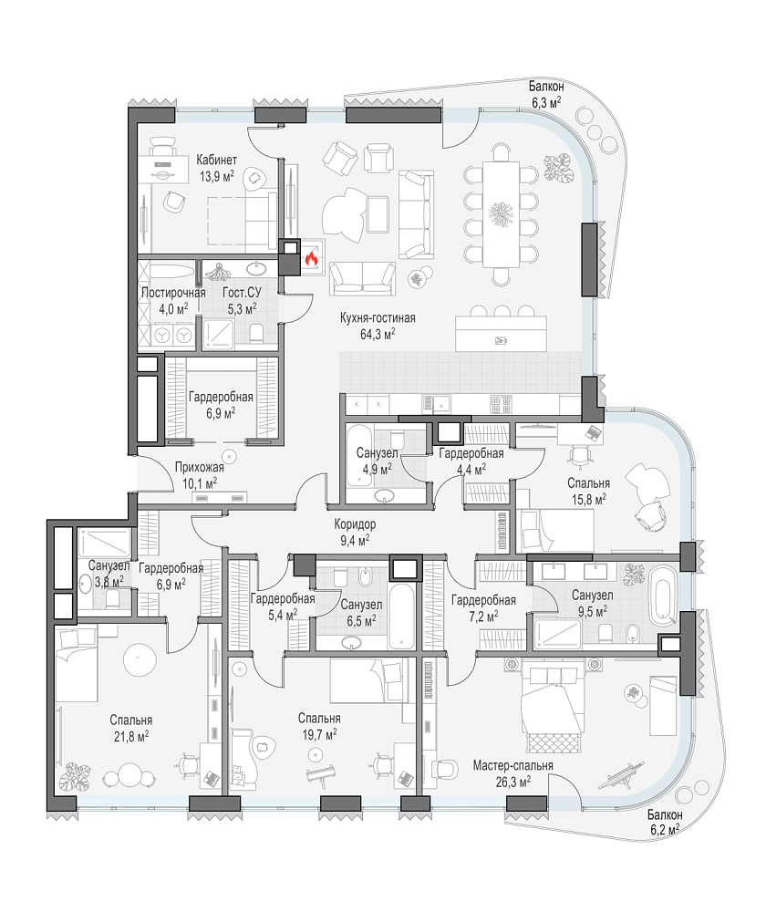 Layout picture Apartment with 4 bedrooms 250.3 m2 in complex Dom Lavrushinsky