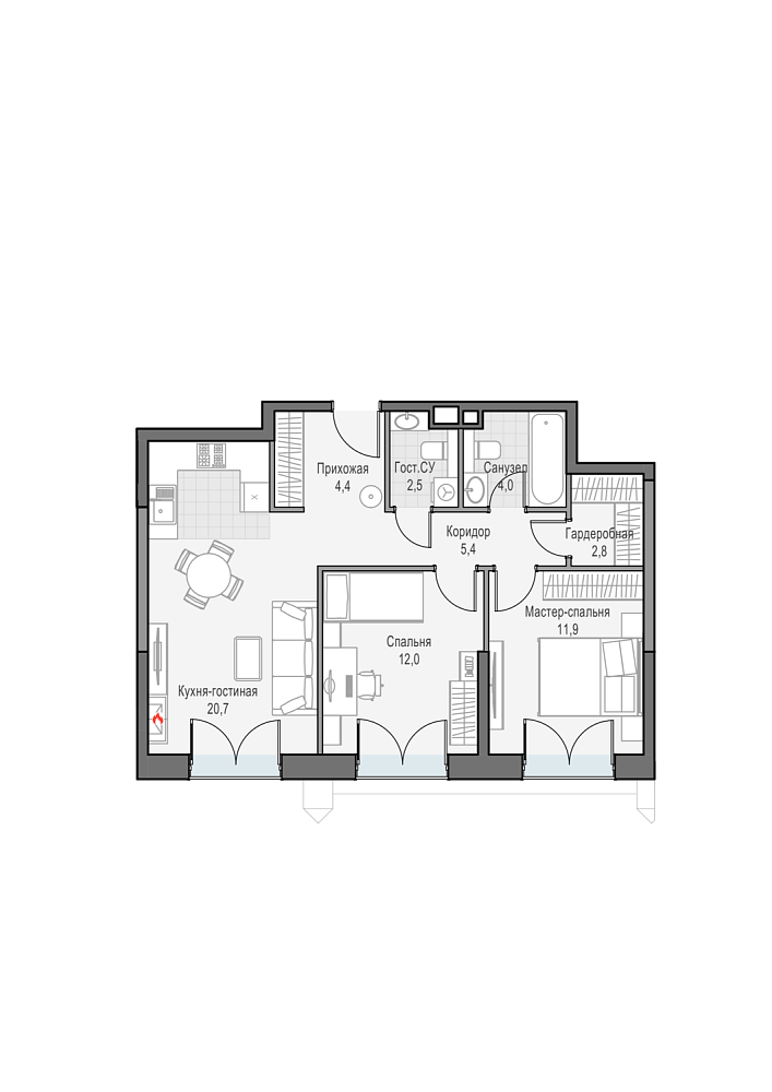 Layout picture Apartment with 2 bedrooms 65.56 m2 in complex Dom Dostizhenie