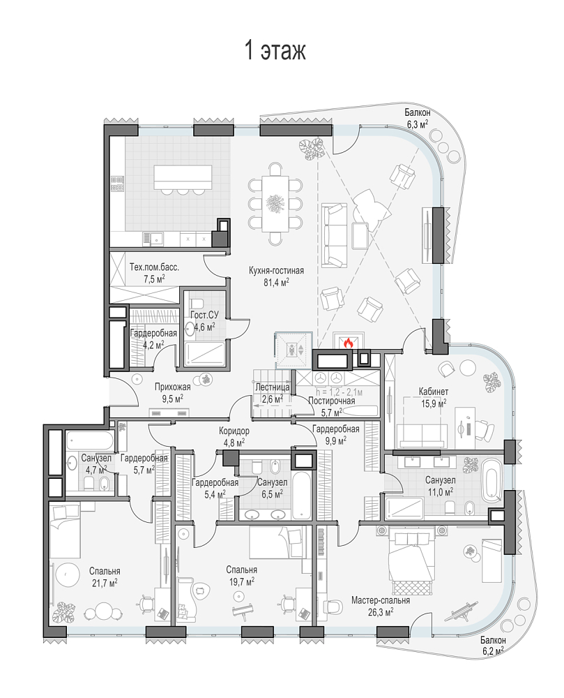 Layout picture Apartment with 5 bedrooms 459.4 m2 in complex Dom Lavrushinsky