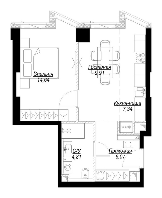 Layout picture 2-rooms from 38.27 m2
