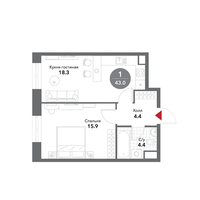 Layout picture 2-rooms from 42.2 m2
