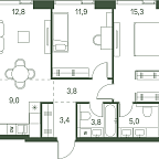 Layout picture Apartment with 2 bedrooms 65 m2 in complex Moments