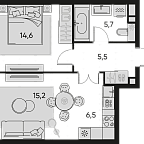 Layout picture Apartment with 1 bedroom 47.5 m2 in complex Pride