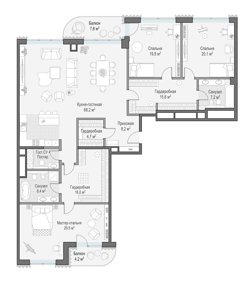 Layout picture Apartment with 3 bedrooms 204.7 m2 in complex Dom Lavrushinsky