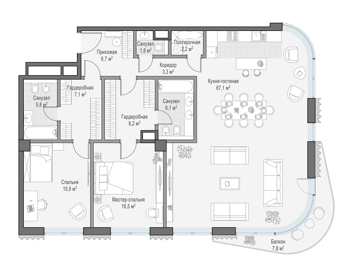 Layout picture Apartment with 3 bedrooms 141.7 m2 in complex Dom Lavrushinsky