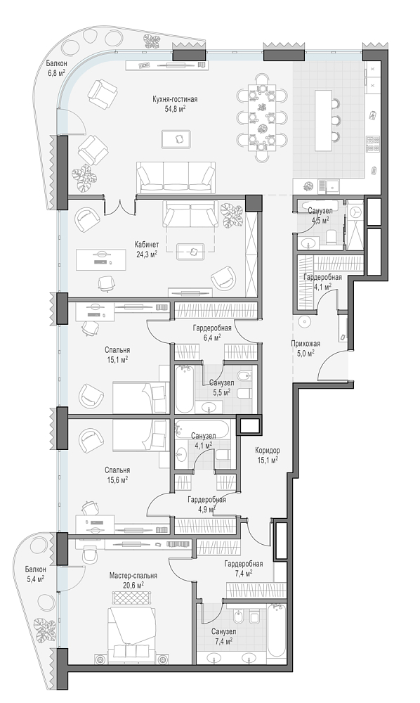 Layout picture Apartment with 3 bedrooms 198.4 m2 in complex Dom Lavrushinsky