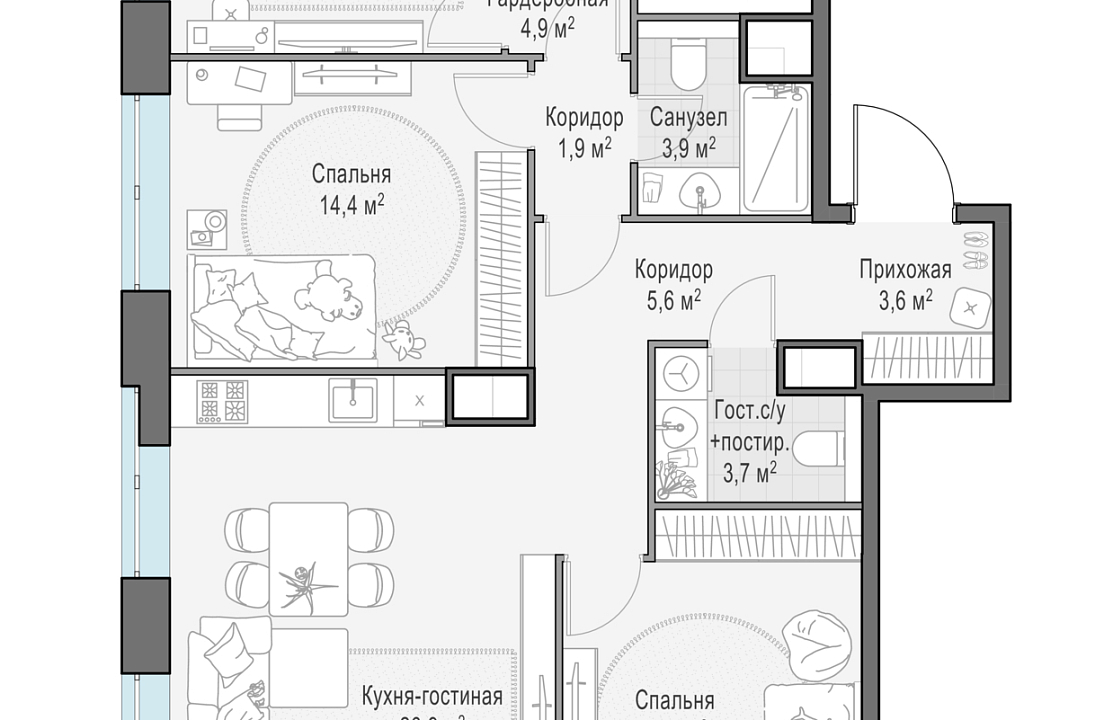 Apartment with 3 bedrooms 98.7 m2 in complex Sobraniye klubnykh domov "West Garden"