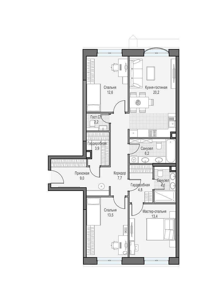 Layout picture Apartment with 3 bedrooms 97.51 m2 in complex Dom Dostizhenie
