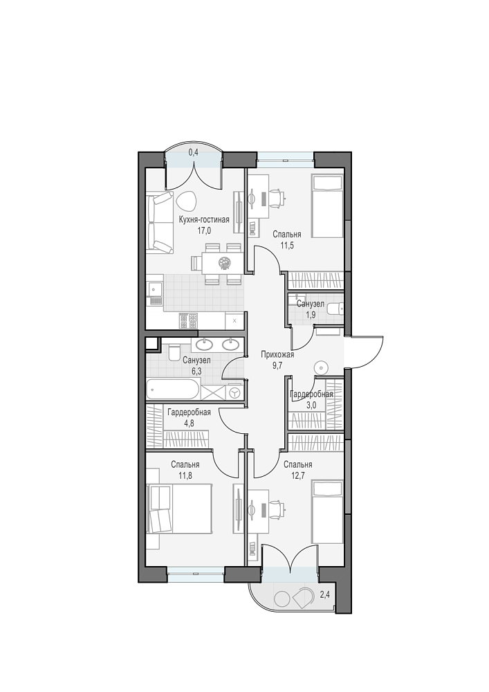 Layout picture Apartment with 2 bedrooms 80.32 m2 in complex Dom Dostizhenie
