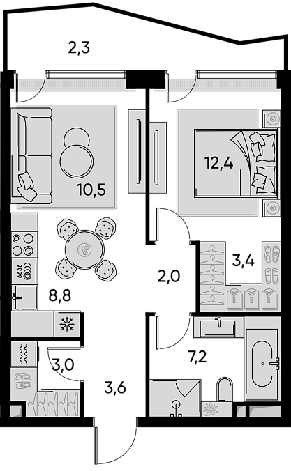 Layout picture 2-rooms from 43.6 m2