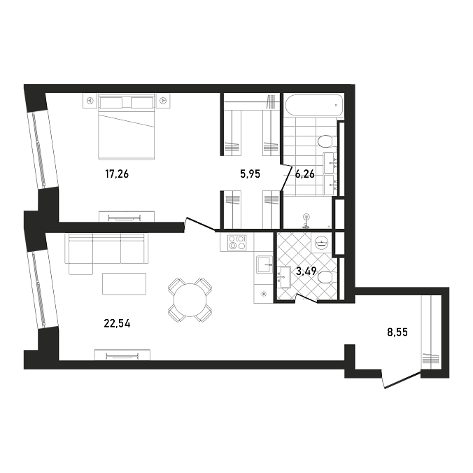 Layout picture 2-rooms from 40.93 m2