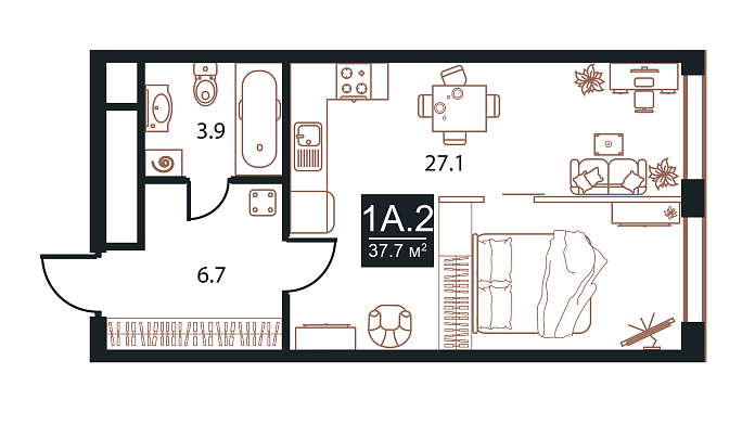 Layout picture 1-rooms from 34.7 m2 Photo 2