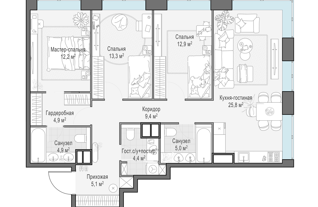 Apartment with 4 bedrooms 95.6 m2 in complex Sobraniye klubnykh domov West Garden