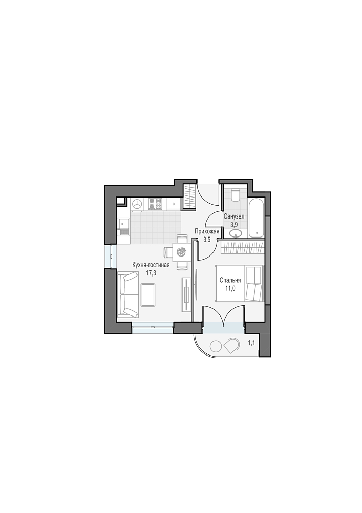 Layout picture Apartment with 1 bedrooms 36.79 m2 in complex Dom Dostizhenie