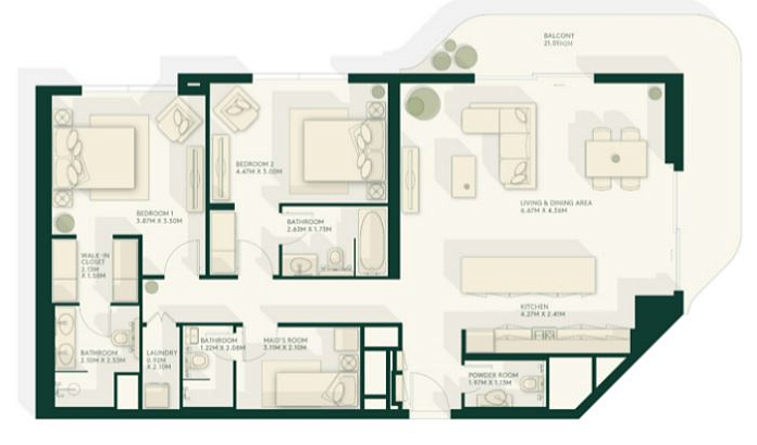 Layout picture 2-br from 1162 sqft