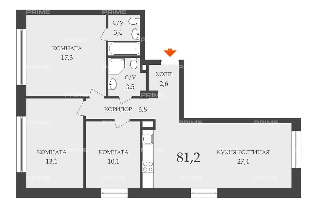 Apartment with 3 bedrooms 81.25 m2 in complex Paveletskaya Сiti