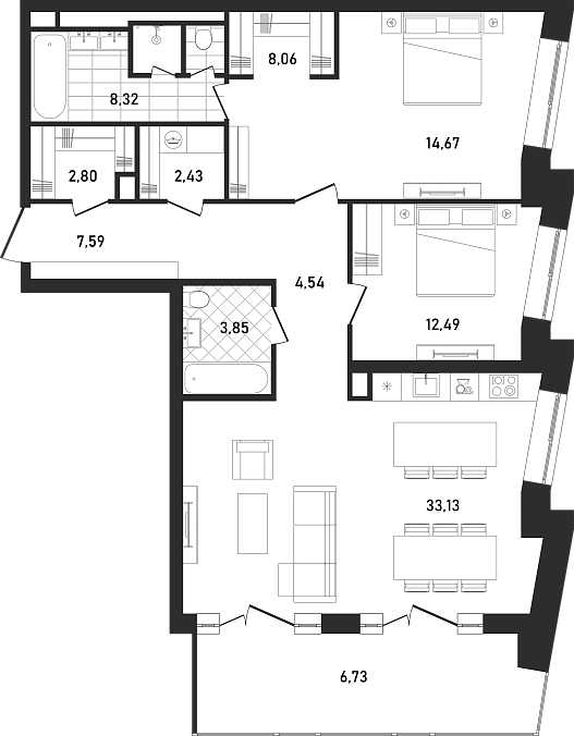 Layout picture 3-rooms from 46.58 m2