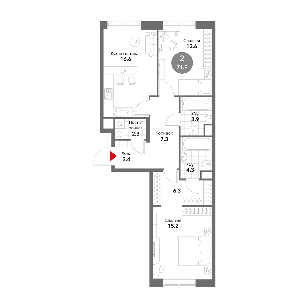 Layout picture Apartment with 2 bedrooms 71.9 m2 in complex Voxhall