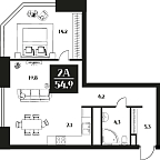 Layout picture Apartments with 1 bedroom 54.9 m2 in complex Deco Residence