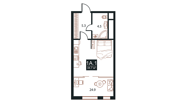 Layout picture 1-rooms from 34.7 m2