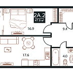 Layout picture Apartments with 2 bedrooms 47.9 m2 in complex West Tower