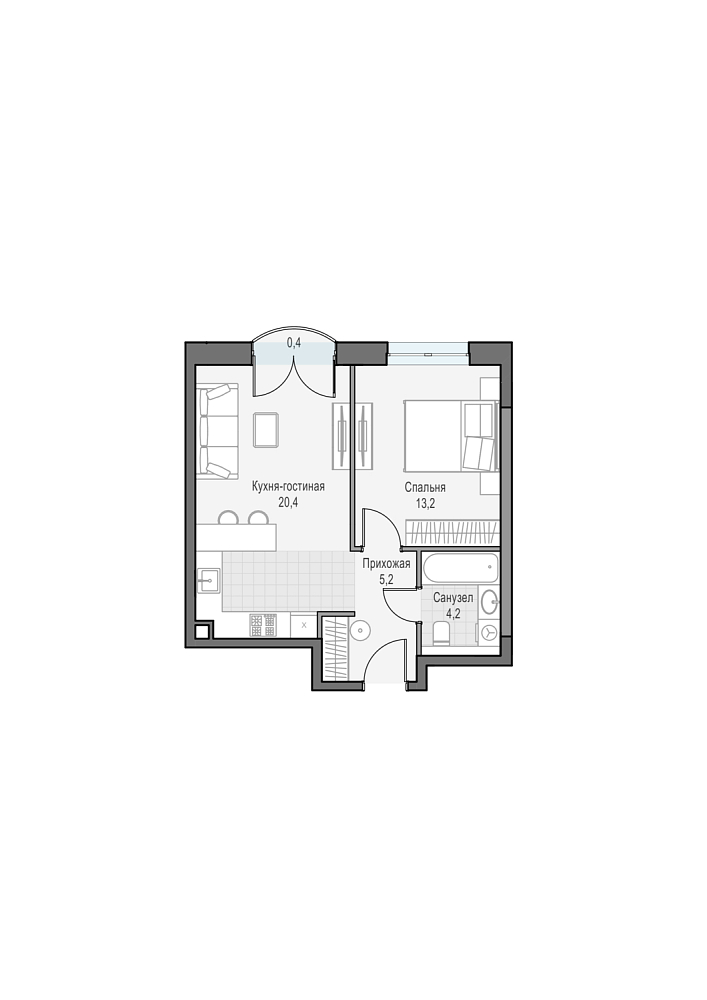 Layout picture Apartment with 1 bedrooms 43.63 m2 in complex Dom Dostizhenie