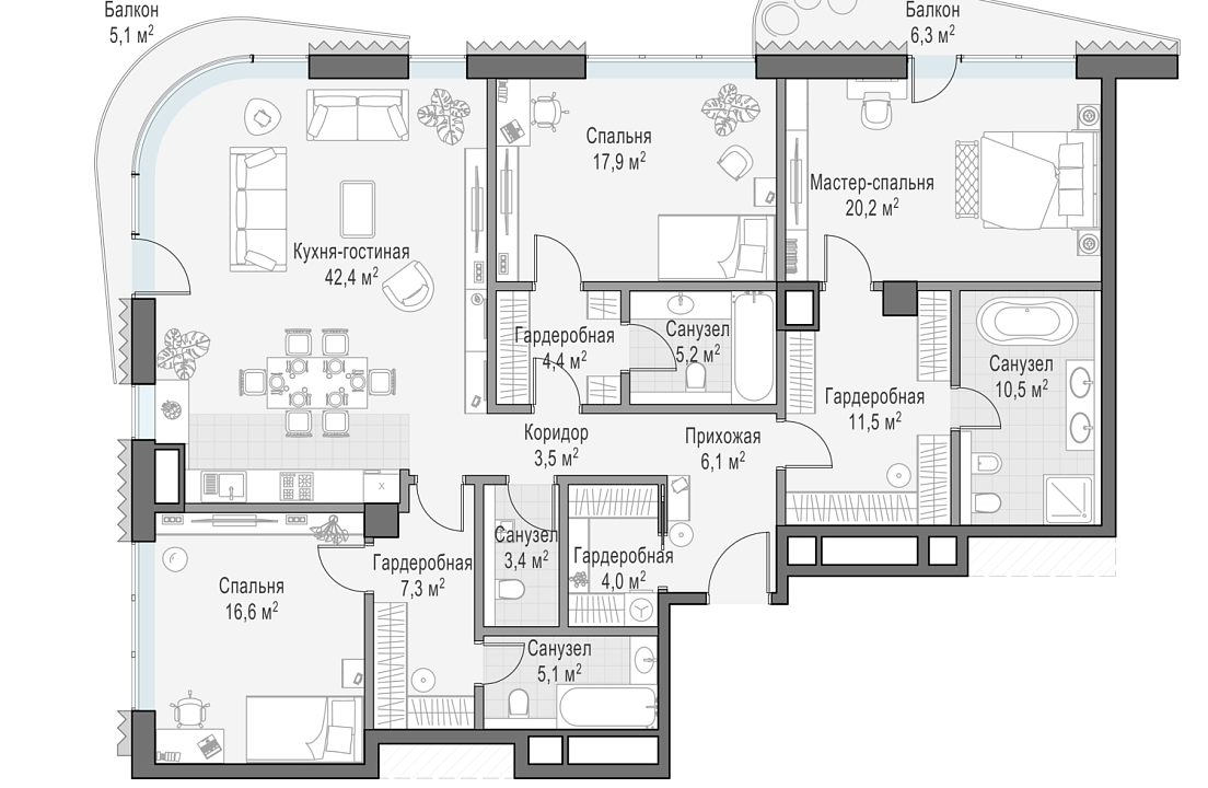 Apartment with 3 bedrooms 162.4 m2 in complex Dom "Lavrushinsky"