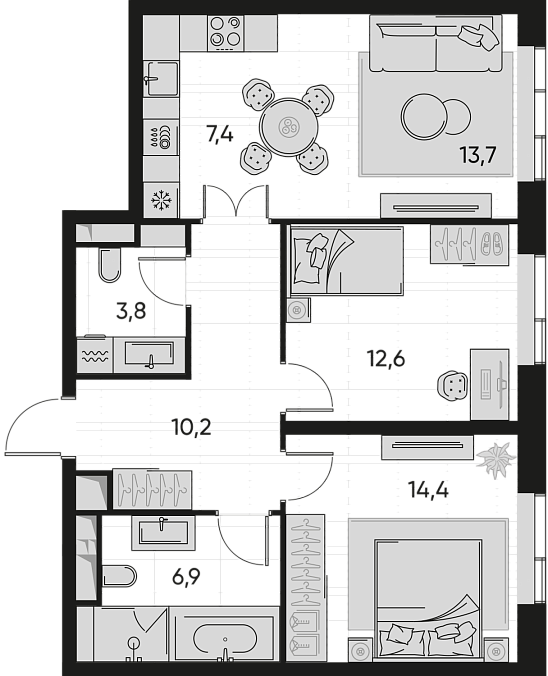 Layout picture 3-rooms from 67.3 m2