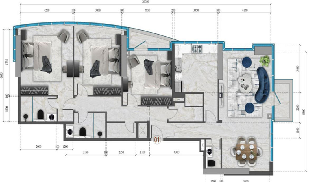 Layout picture 3-rooms flat 150.3 m2 in complex Renad Tower 
