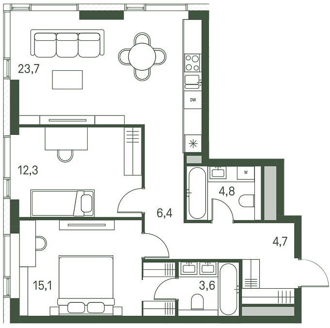 Layout picture 3-rooms from 36.6 m2