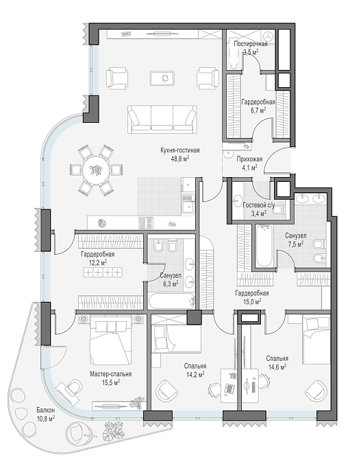 Layout picture 4-rooms from 124.8 m2 Photo 3