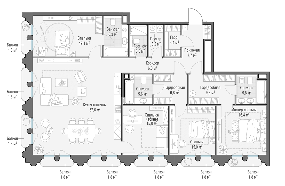 Apartment with 4 bedrooms 184.4 m2