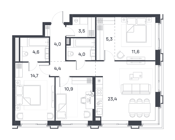 Layout picture 1-rooms from 25.4 m2 Photo 3